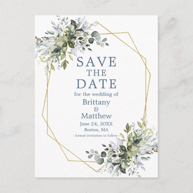 Watercolor Greenery Save The Date Dusty Blue Postcard (Front)