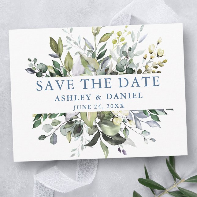 Watercolor Greenery Save the Date Dusty Blue Postcard (Customize to change text color,   style or text size.)