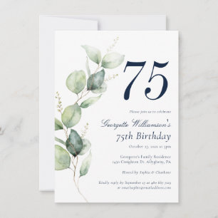 Watercolor Greenery Script 75th Birthday Invitation