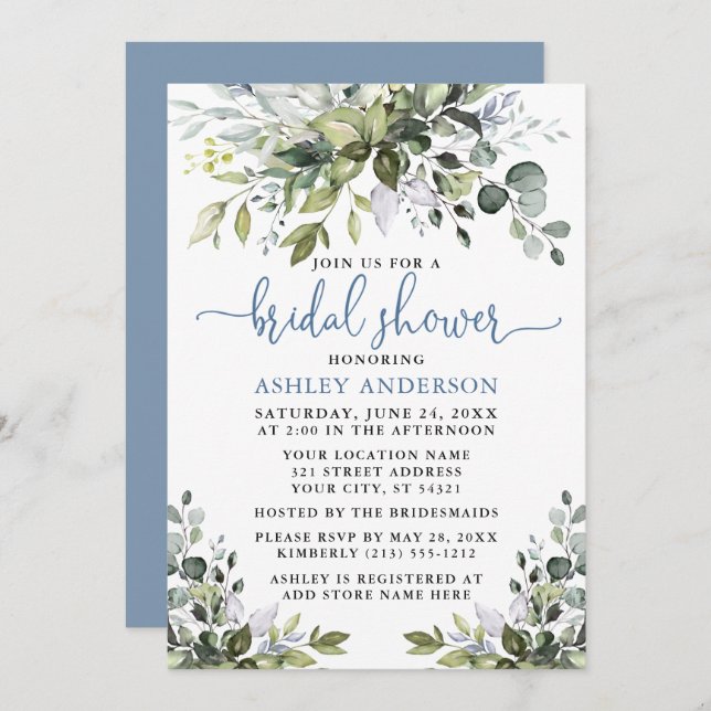 Watercolor Greenery Shower Dusty Blue Script Invitation (Front/Back)