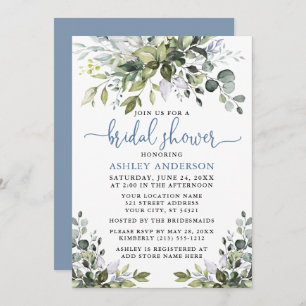 Watercolor Greenery Shower Dusty Blue Script Invitation