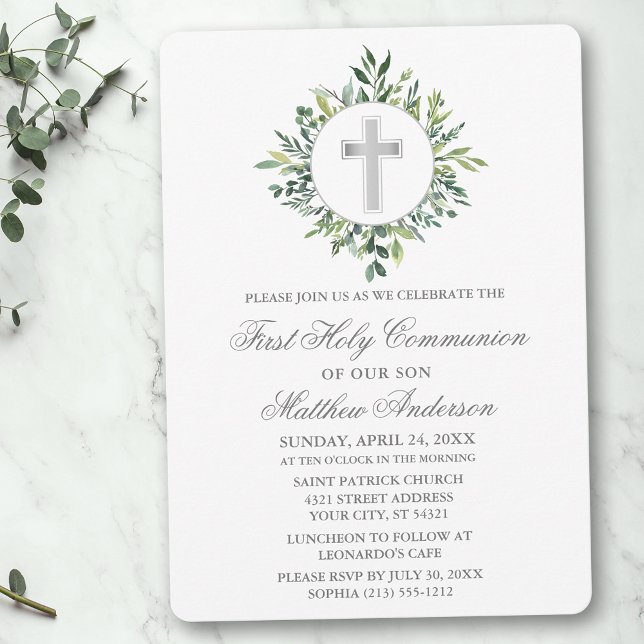Watercolor Greenery Silver Cross First Communion Invitation (Customize to change text color, size, style or to add photos or more text to back of card.)