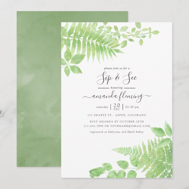 Watercolor Greenery Sip and See Invitation (Front/Back)