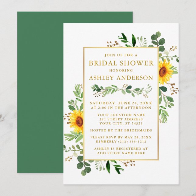 Watercolor Greenery Sunflowers Bridal Shower Gold Invitation (Front/Back)