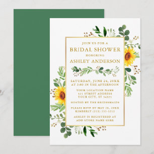 Watercolor Greenery Sunflowers Bridal Shower Gold Invitation