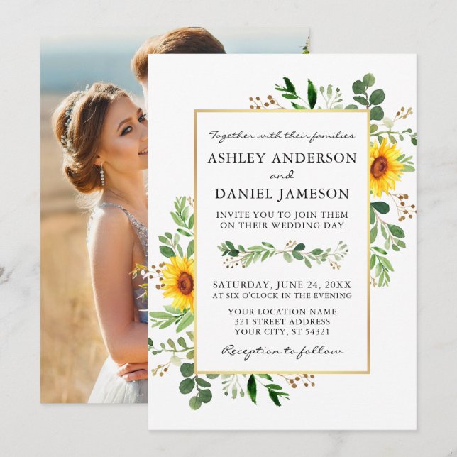 Watercolor Greenery Sunflowers Photo Back Wedding Invitation (Front/Back)
