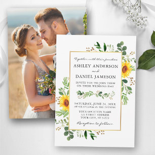 Watercolor Greenery Sunflowers Photo Back Wedding Invitation