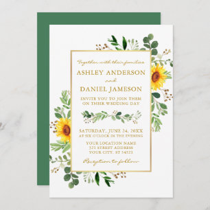 Watercolor Greenery Sunflowers Wedding Gold Invitation