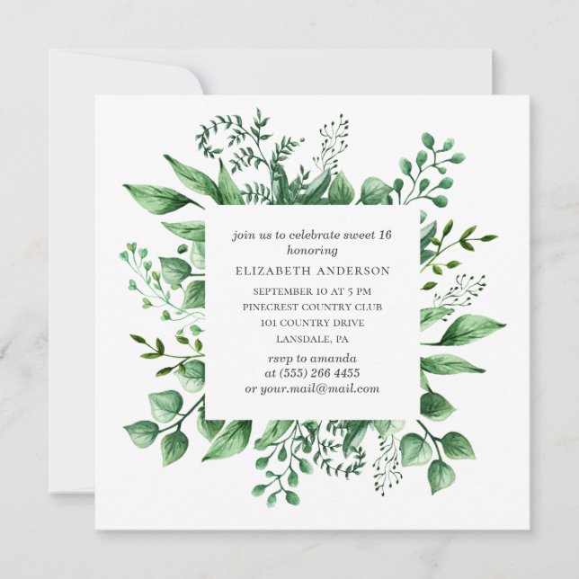 Watercolor greenery Sweet 16. Green 16th birthday Invitation (Front)