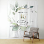 Watercolor Greenery Sweet 16th Birthday Backdrop Tapestry<br><div class="desc">Your guests will LOVE posing in front of this stunning backdrop! This is sure to be the hit of the event! This can be used as a fun photo prop backdrop or a beautiful wall decoration! This elegant design features a soft watercolor wreath of eucalyptus, greenery and gold embellishments. Click...</div>