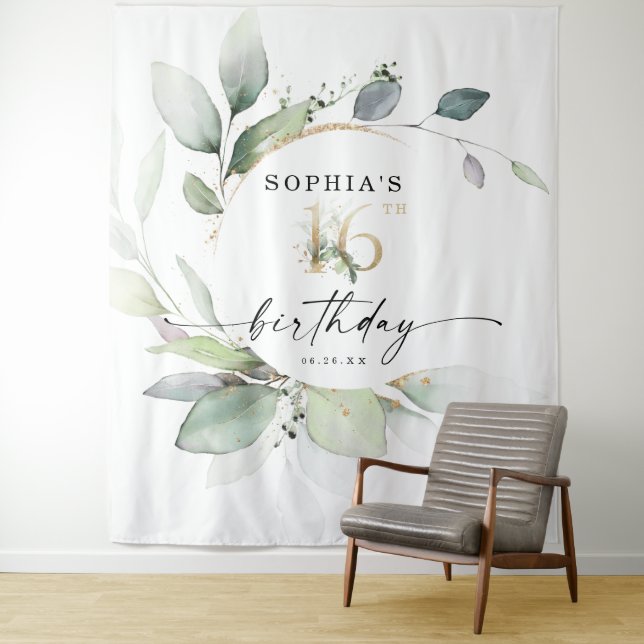 Watercolor Greenery Sweet 16th Birthday Backdrop Tapestry (In Situ)