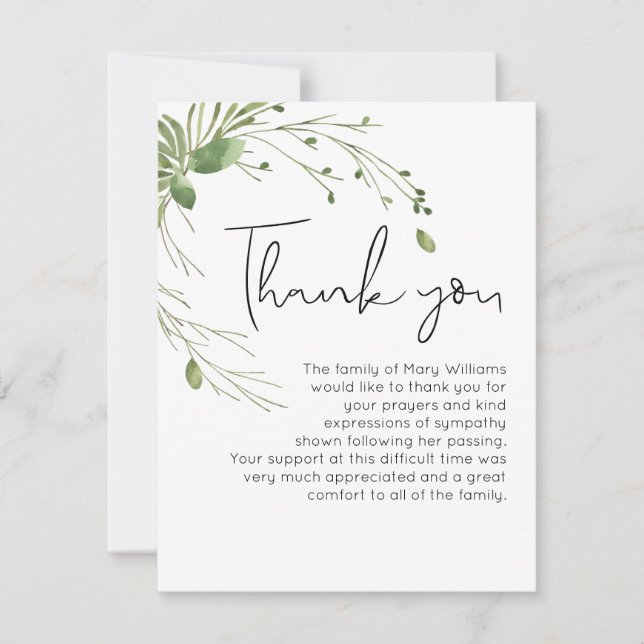 Watercolor Greenery Thank You Note Card (Front)