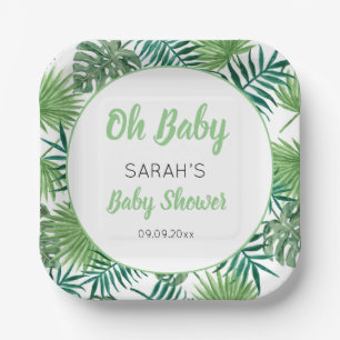 Watercolor Greenery Tropical Leaf Baby Shower Paper Plate