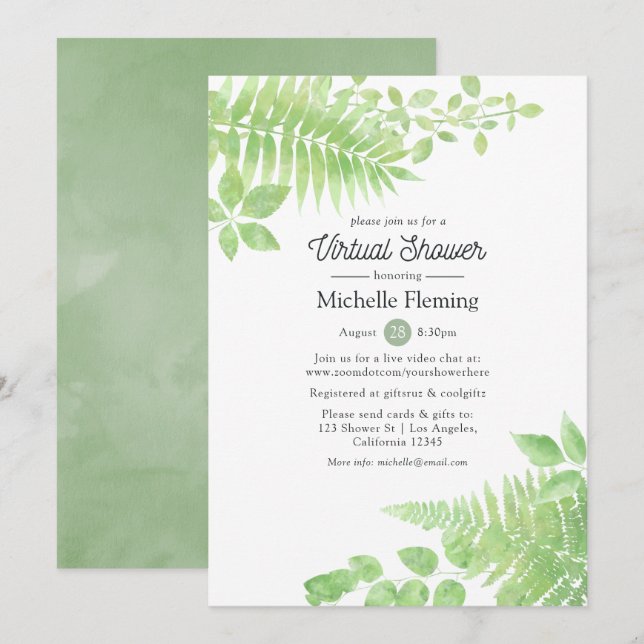 Watercolor Greenery Virtual Bridal or Baby Shower Invitation (Front/Back)
