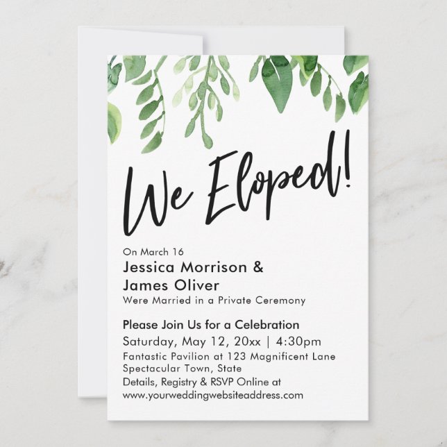 Watercolor Greenery We Eloped! Reception Only Invitation (Front)
