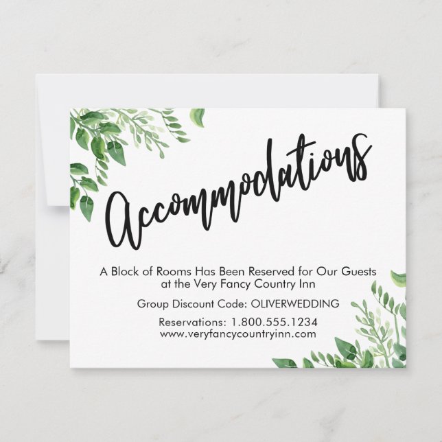 Watercolor Greenery Wedding Accommodations Save The Date (Front)