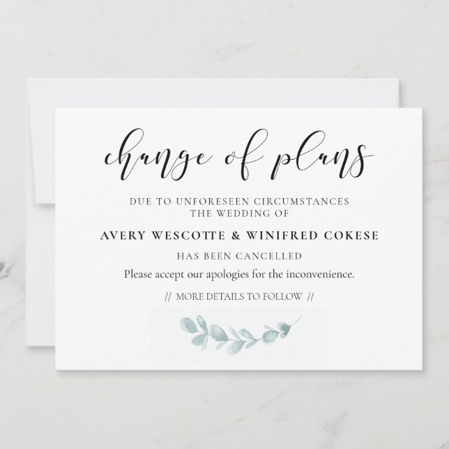 Watercolor greenery Wedding change of plans card (Front)
