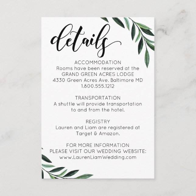 Watercolor Greenery Wedding Details Enclosure Card (Front)