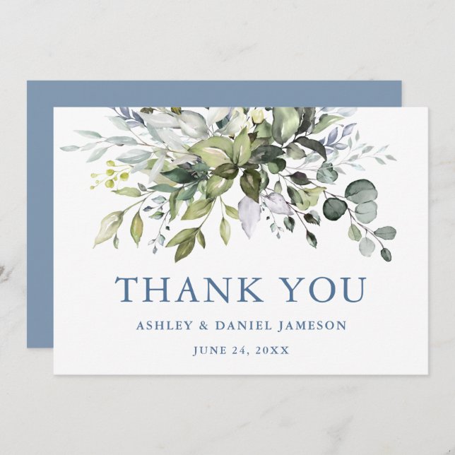 Watercolor Greenery Wedding Dusty Blue  Thank You Card (Front/Back)