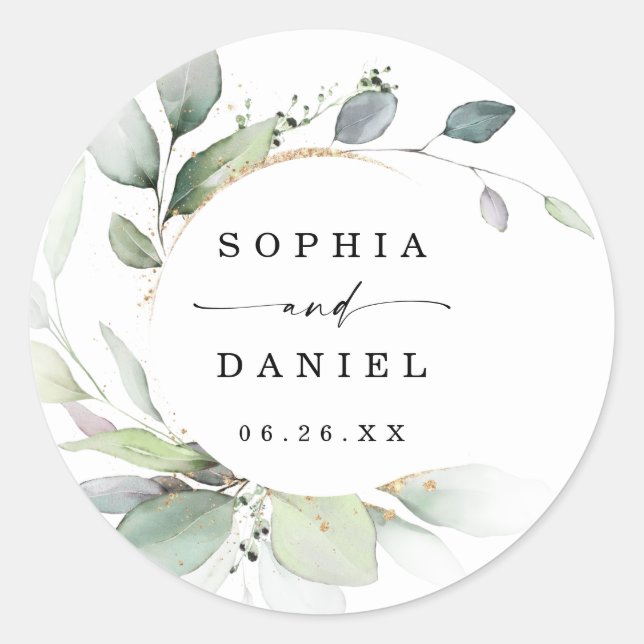 Watercolor Greenery Wedding Favours Classic Round Sticker (Front)
