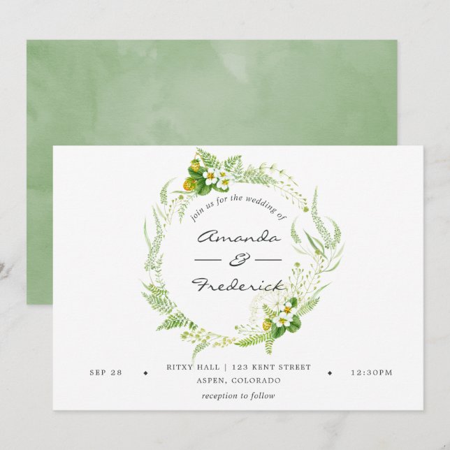 Watercolor Greenery Wedding Invitation (Front/Back)