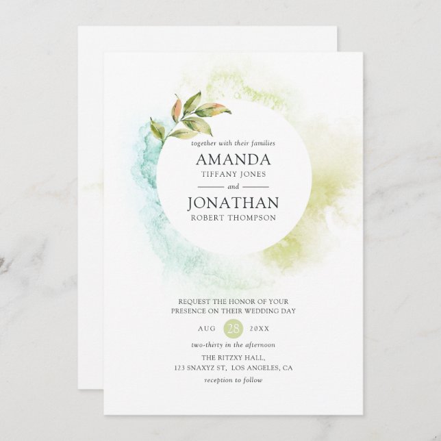 Watercolor Greenery Wedding Invitation (Front/Back)