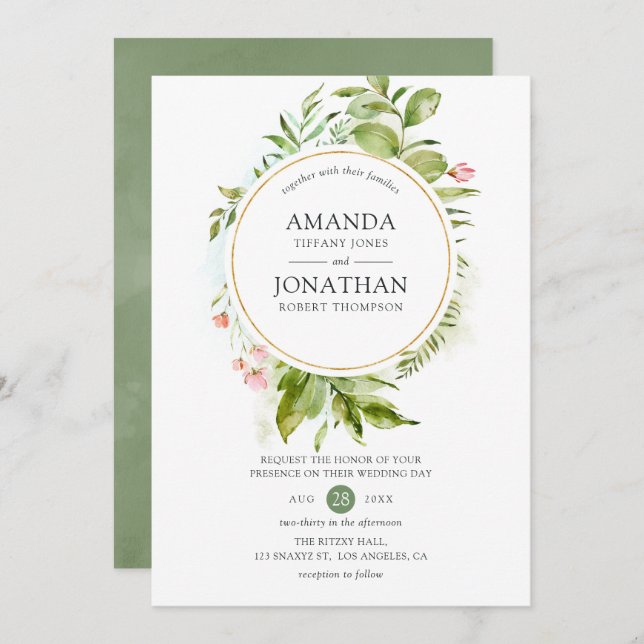 Watercolor Greenery Wedding Invitation (Front/Back)