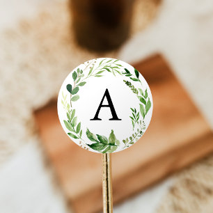 Watercolor Greenery Wedding Monogram Classic Round Sticker