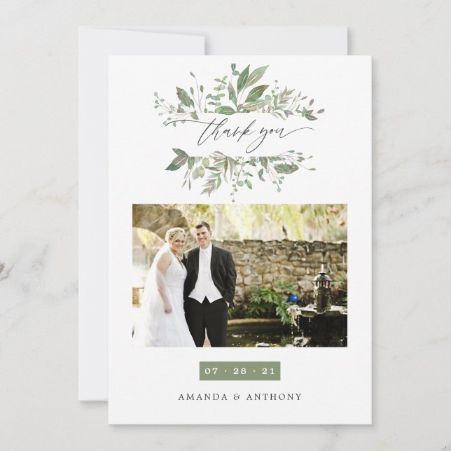 Watercolor Greenery Wedding Photo Collage Thank You Card (Front)