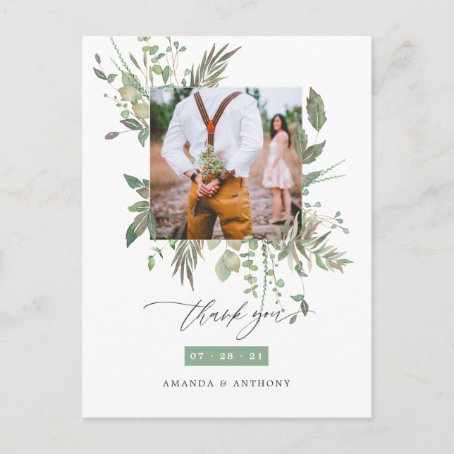Watercolor Greenery Wedding Photo Thank You Postcard (Front)