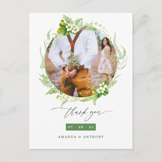 Watercolor Greenery Wedding Photo Thank You Postcard (Front)