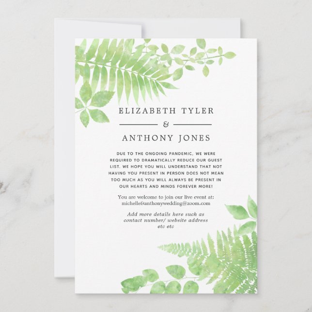 Watercolor Greenery Wedding Reduced Guest List Announcement (Front)