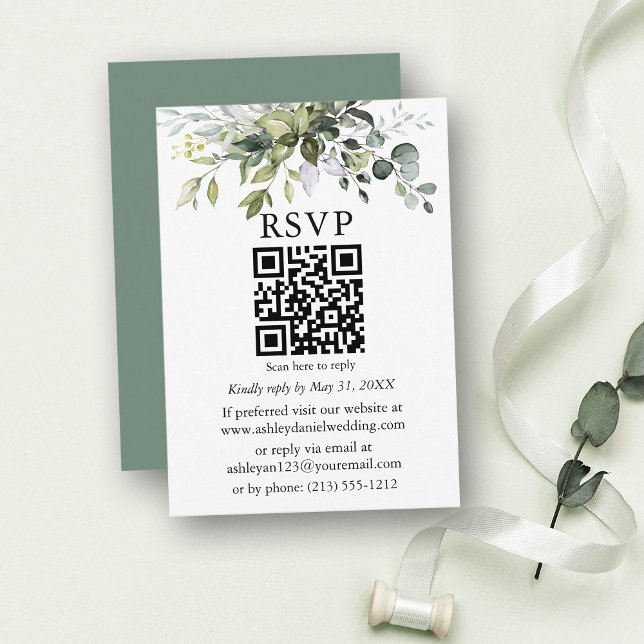 Watercolor Greenery Wedding Sage Green QR RSVP Enclosure Card (Customize to change text color, text style or color of back of card.)