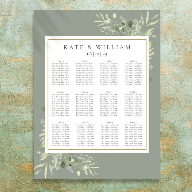 Watercolor Greenery Wedding Seating Chart (Watercolor Greenery Sage Wedding Seating Chart)