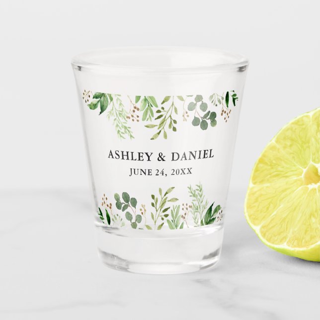 Watercolor Greenery Wedding Shot Glass (Front)