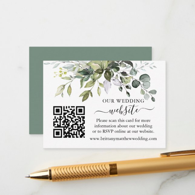 Watercolor Greenery Wedding Website QR Sage Green Enclosure Card (Front/Back In Situ)