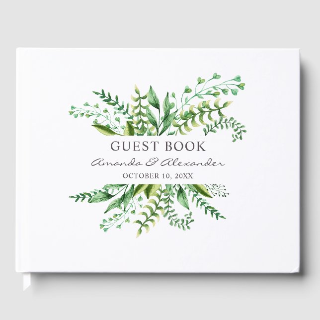 Watercolor greenery wedding. Woodland botanical Guest Book (Front)
