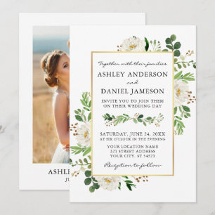 Watercolor Greenery White Floral Photo Wedding Invitation