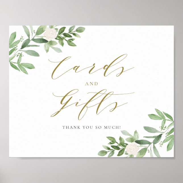 Watercolor Greenery White Flowers Cards and Gifts Poster (Front)