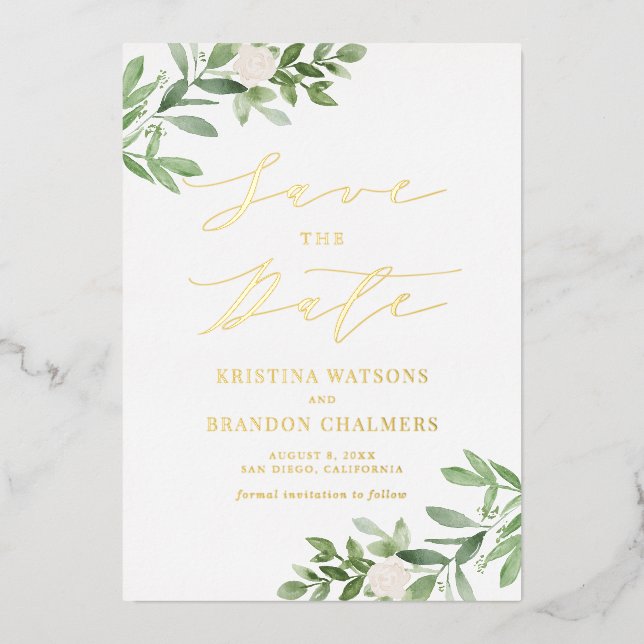 Watercolor Greenery White Flowers Save The Date (Front)