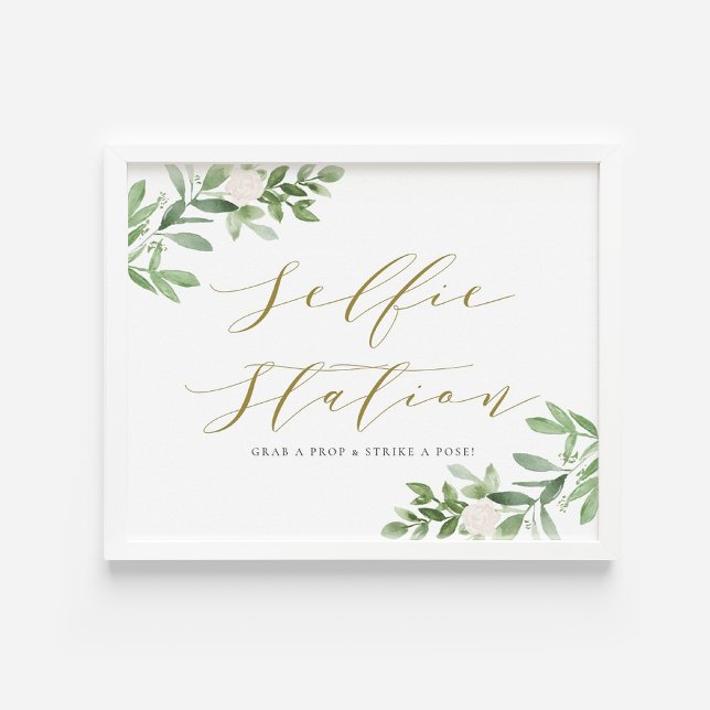 Watercolor Greenery White Flowers Selfie Station Poster (Watercolor Greenery and White Flowers Selfie Station Wedding Sign)