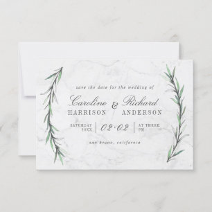 Watercolor Greenery & White Marble Save The Date