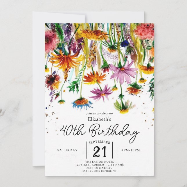 Watercolor Greenery Wildflowers 40th birthday Invitation (Front)