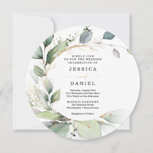 Watercolor Greenery with Gold Circle Wedding Invitation