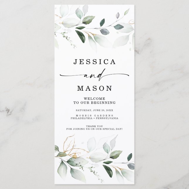 Watercolor Greenery with Gold Wedding Program (Front)