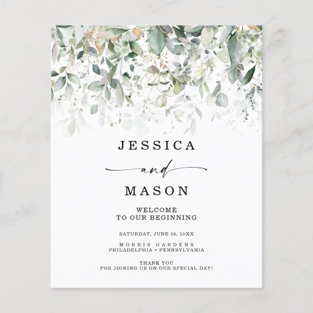 Watercolor Greenery with Gold Wedding Programs (Front)