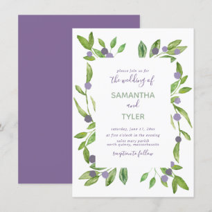 Watercolor Greenery with Purple Accents Wedding Invitation