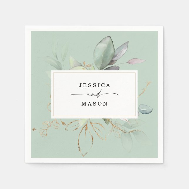 Watercolor Greenery with Sage and Gold Wedding Nap Napkin (Front)