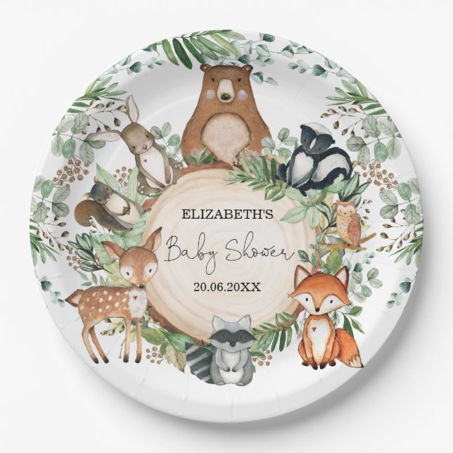 Watercolor Greenery Woodland Animals Baby Shower Paper Plate (Front)