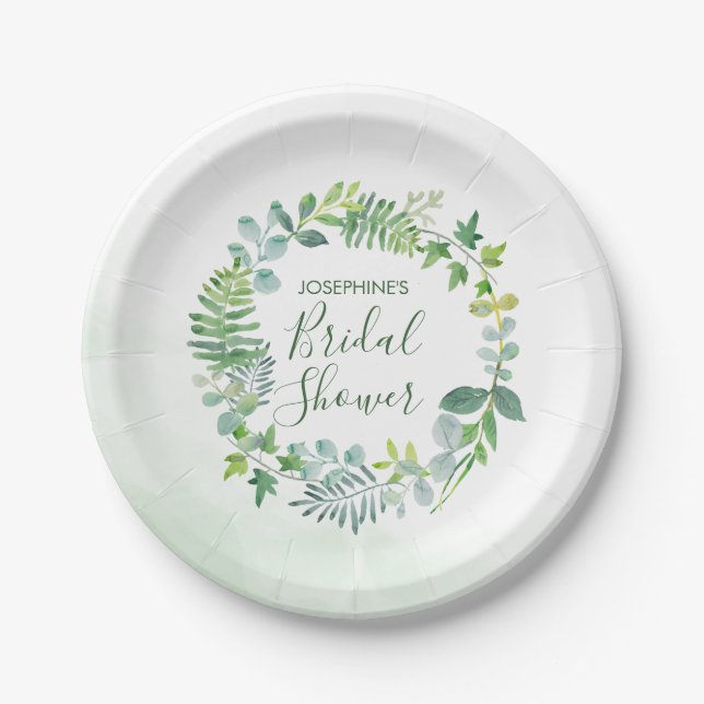 Watercolor Greenery Wreath Bridal Shower Paper Plate (Front)